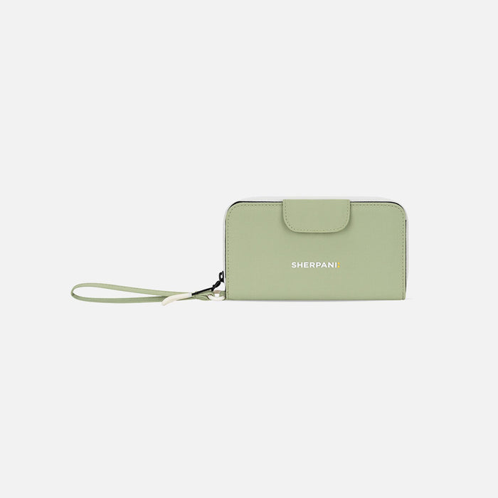 A Sherpani Tulum Green Palm RFID Wallet, front view showing wrist strap and clasp on white background.   #color_palm-green