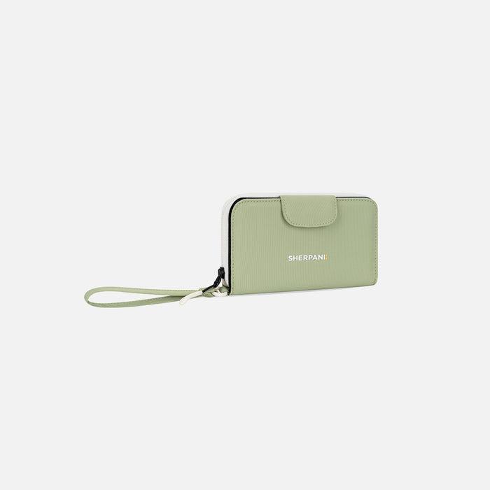A Sherpani Tulum Palm Green RFID Wallet, 3/4 view showing wrist strap and clasp on white background.   #color_palm-green
