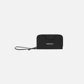 A Sherpani Tulum Raven Black RFID Wallet, front view showing wrist strap and clasp on white background. #color_raven-black