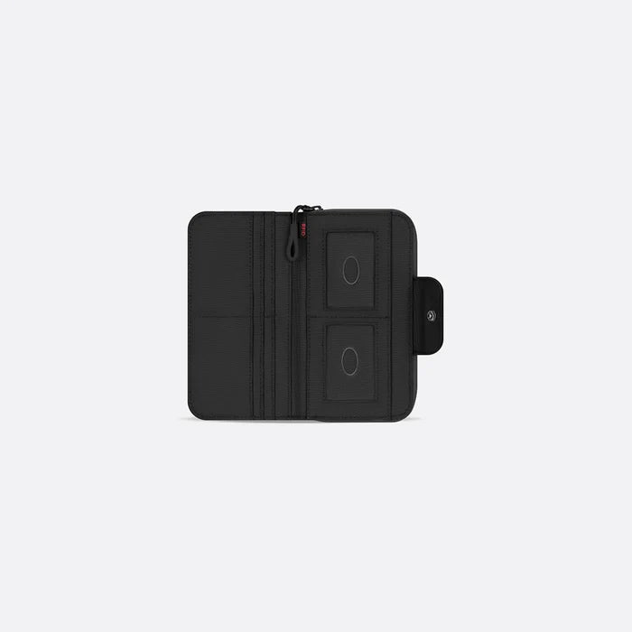 A Sherpani Tulum Raven Black RFID Wallet, above view showing inside of  wallet on white backdrop.  #color_raven-black