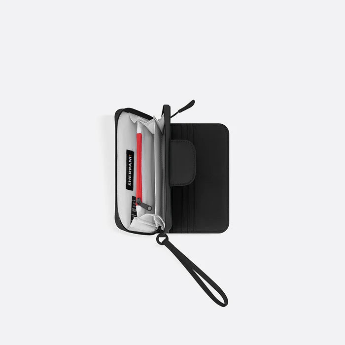 A Sherpani Tulum Raven Black RFID Wallet, above view showing inside of  wallet on white backdrop.  #color_raven-black