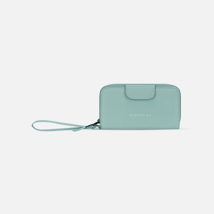 A Sherpani Tulum Surf Blue RFID Wallet, front view showing wrist strap and clasp on white background. #color_surf-blue
