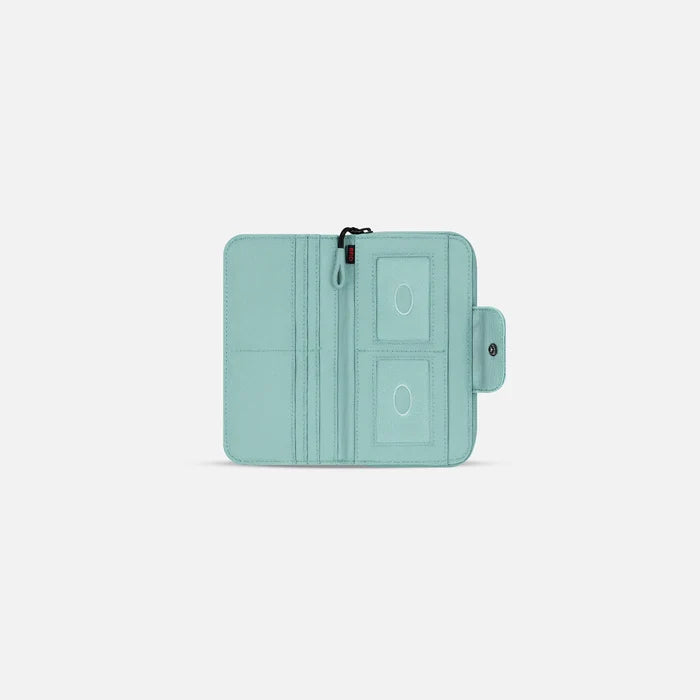 A Sherpani Tulum Surf Blue RFID Wallet, above view showing inside of  wallet on white backdrop.  #color_surf-blue