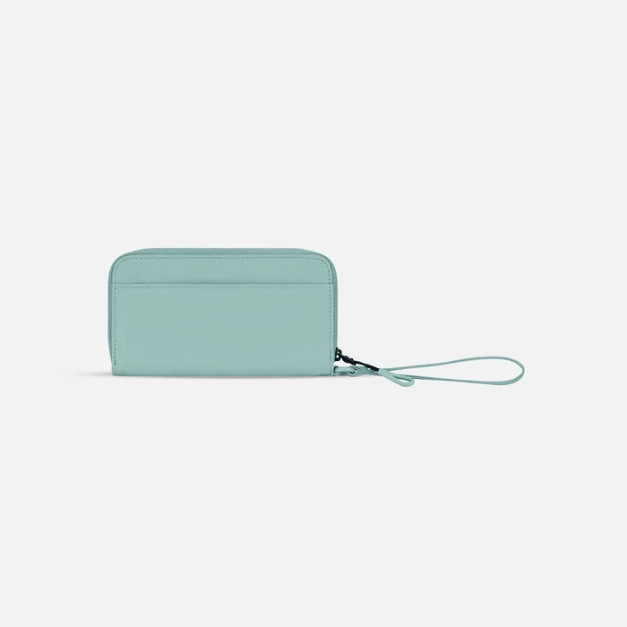 A Sherpani Tulum Surf Blue RFID Wallet, back view showing wrist strap on white background. #color_surf-blue