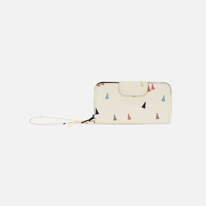 A Sherpani Tulum Terrazzo Print RFID Wallet, front view showing wrist strap and clasp on white background.  #color_terrazzo-print