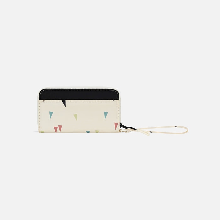 A Sherpani Tulum Terrazzo Print RFID Wallet, back view showing wrist strap on white background.  #color_terrazzo-print