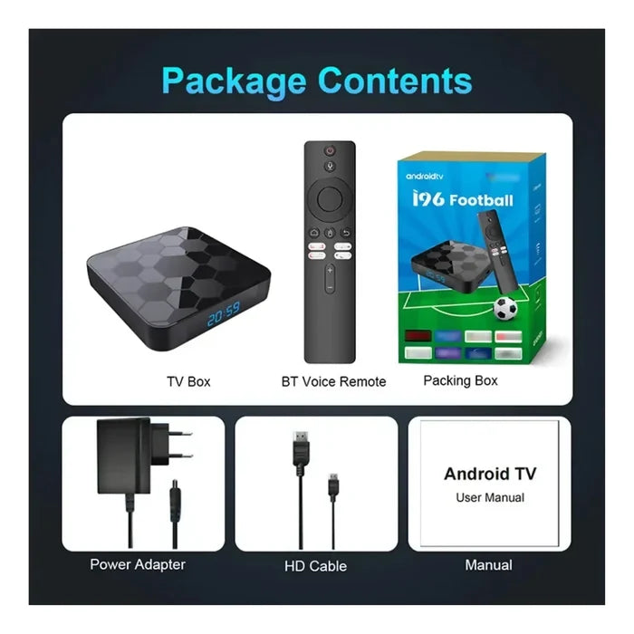 TV BOX I96 FOOTBALL ANDROID TV 8K WIFI BT CHROMECAST VOZ