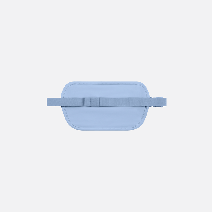 A Sherpani Soft Touch Concealed Waist Wallet Cool Blue, back view showing adjustable strap on white background.