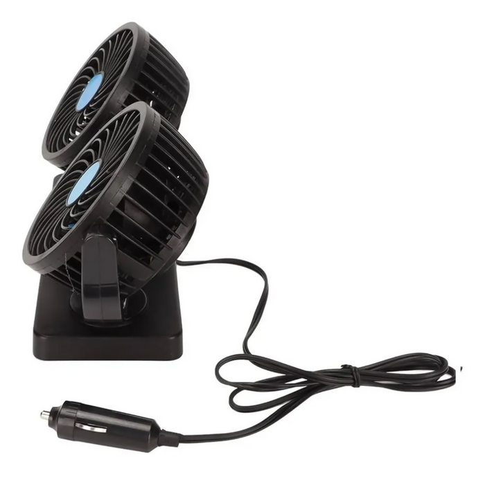 VENTILADOR DOBLE PARA CARRO AUTOS INTERIOR GIRATORIO 360° 22 CM NEGRO 1.2V