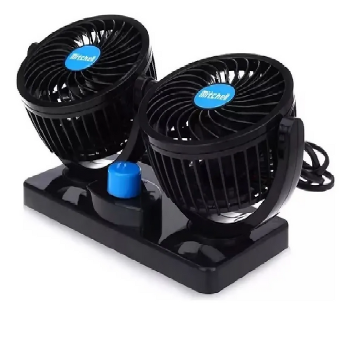 VENTILADOR DOBLE PARA CARRO AUTOS INTERIOR GIRATORIO 360° 22 CM NEGRO 1.2V