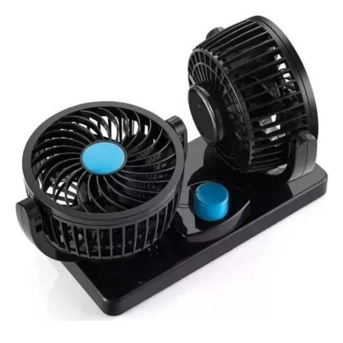 VENTILADOR DOBLE PARA CARRO AUTOS INTERIOR GIRATORIO 360° 22 CM NEGRO 1.2V