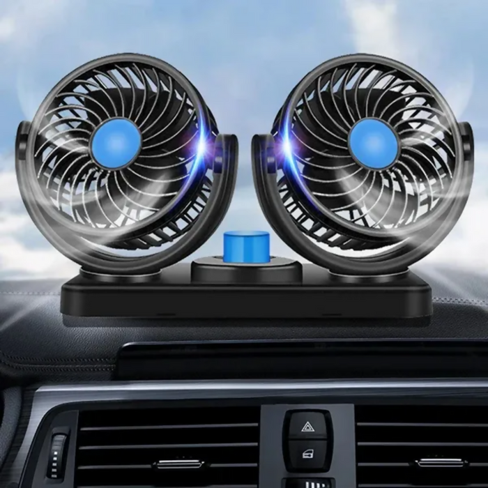 VENTILADOR DOBLE PARA CARRO AUTOS INTERIOR GIRATORIO 360° 22 CM NEGRO 1.2V