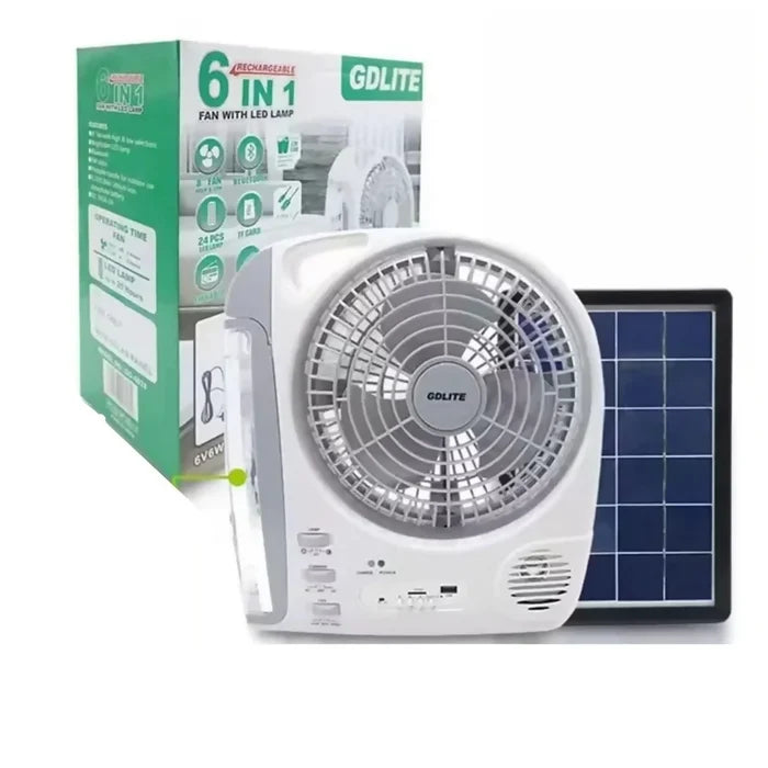 VENTILADOR RECARGABLE MULTIFUNCIONAL CON PANEL SOLAR GD-8028