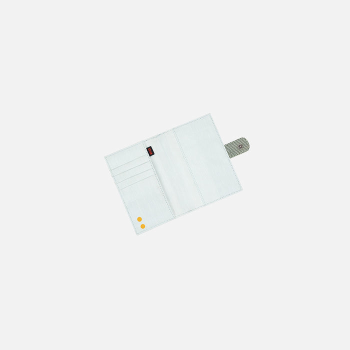 A Sherpani Vienna Aloe Mist Green Anti-theft Passport Wallet, above view showing inside of wallet against white background.  #color_aloe-mist-green