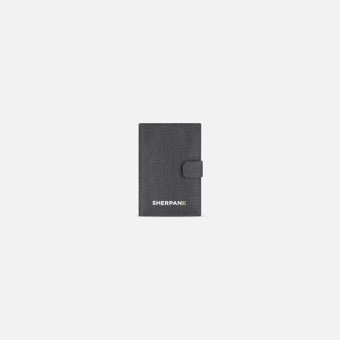 A Sherpani Vienna Granite Anti-theft Passport Wallet, front view against white background. #color_granite-grey