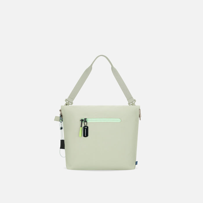 A Sherpani Viso Desert Aloe Foldover Bag, back view showing back lockable zipper on white backdrop.  #color_desert-aloe