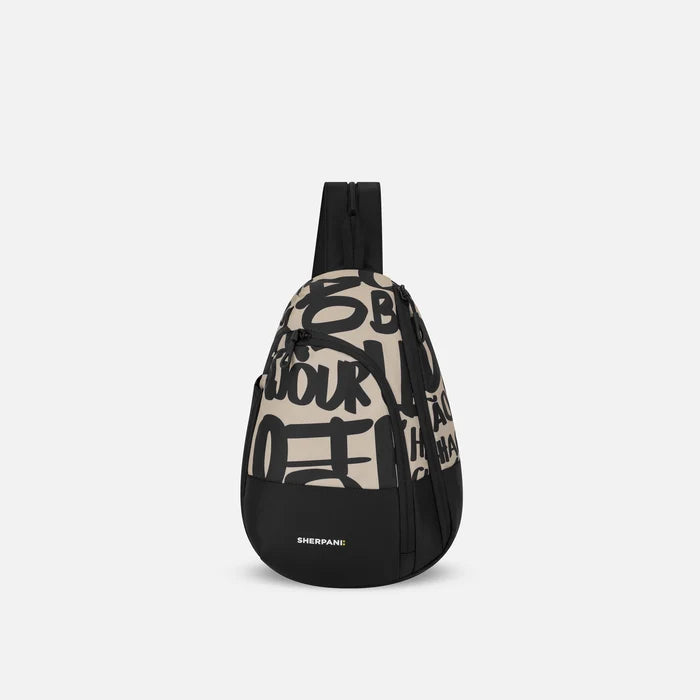 A Sherpani Wayfarer Ciao Convertible Sling, front view showing lockable pockets and main strap on white background. #color_ciao-print