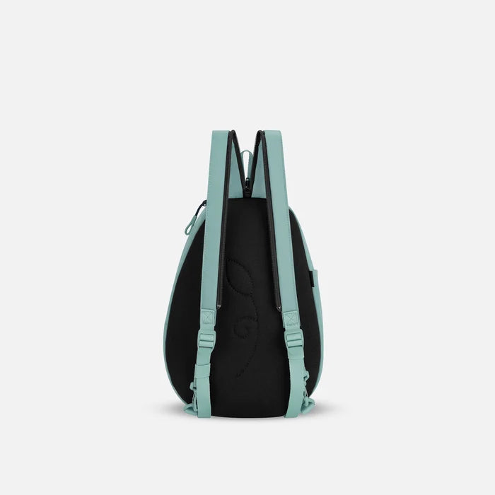 A Sherpani Wayfarer Surf Blue Convertible Sling, back view showing convertible strap against a white background.  #color_surf-blue