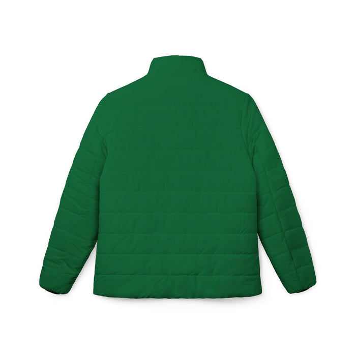 Women’s Red Puffer Jacket — ’Christmas in the Park’ Patch Winter Coat